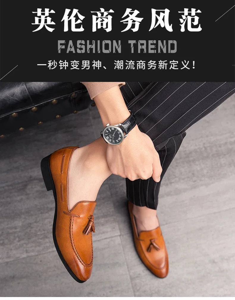 2025 New Men Leather Shoes Pointed Toe Formal Dress Shoes Slip On Men Loafer Tassel Shoe Zapatos Hombre