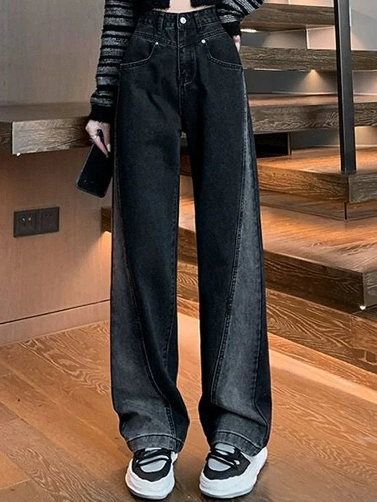 Woman High Waist Jeans High Street Patchwork Straight Leg Pants