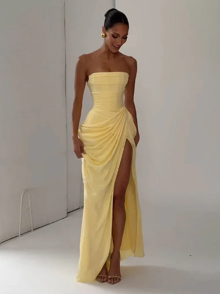 Elegant Solid Pleated Strapless Maxi Dress Yellow Off-shoulder Backless High Waist Split Robe 2026 New Lady Evening Party Gown