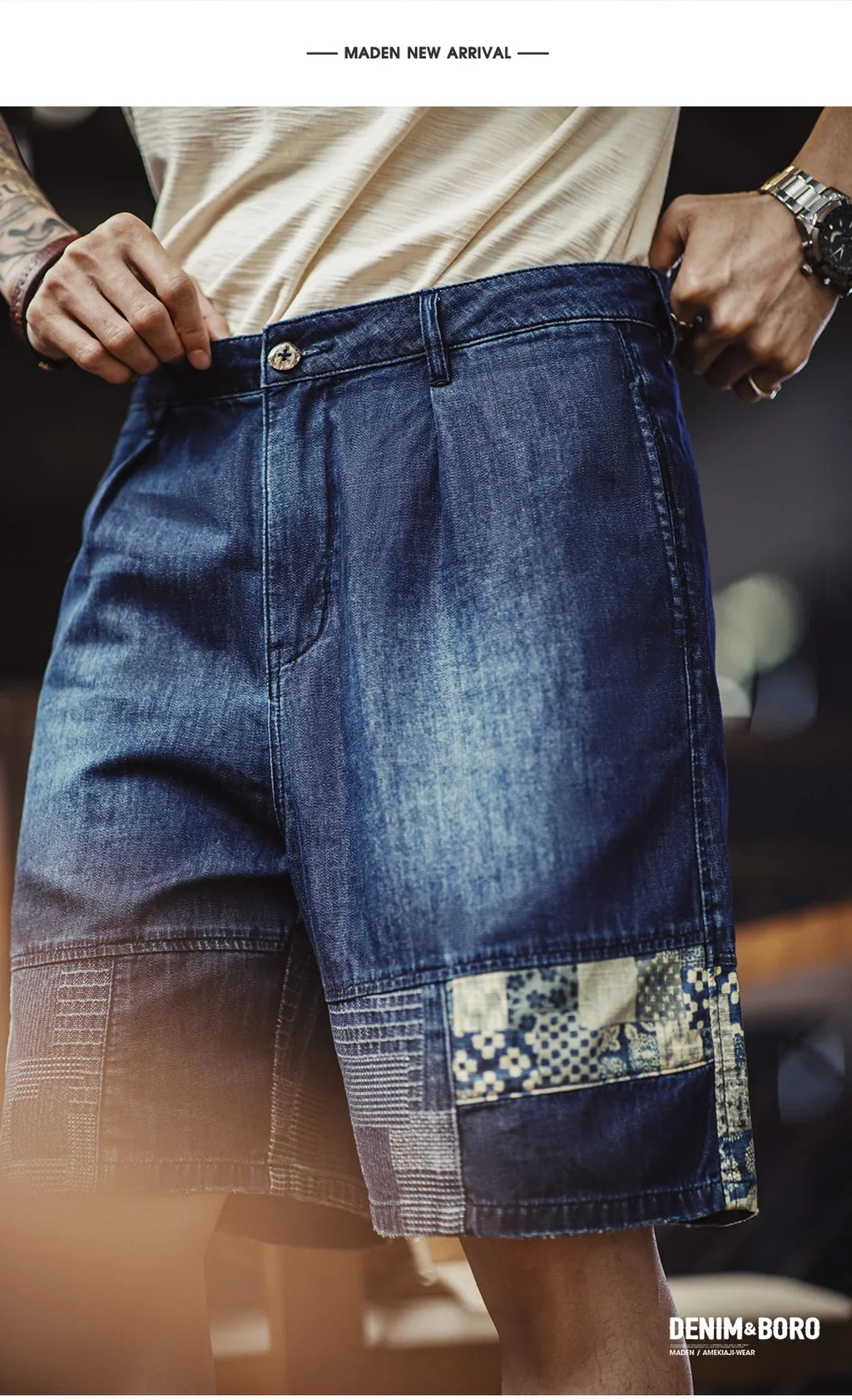 Men's American Retro Slub Texture Washed Denim Shorts Vintage Cloth Spliced Five Inch Loose Casual Workwear Daily Trousers