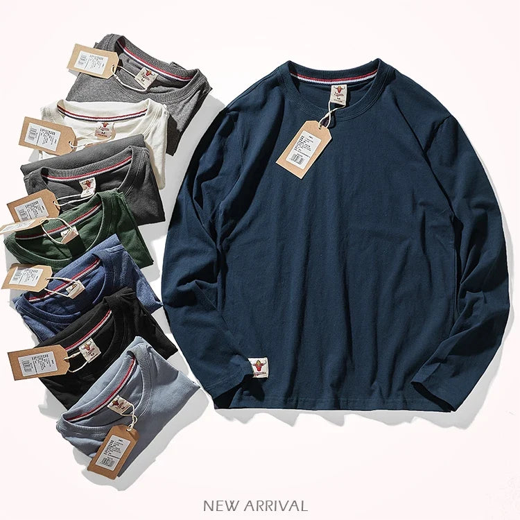 Autumn American Retro Long Sleeve O-neck Solid Color T-shirt Men's Fashion Simple 100% Cotton Washed Old Casual Bottoming Tops