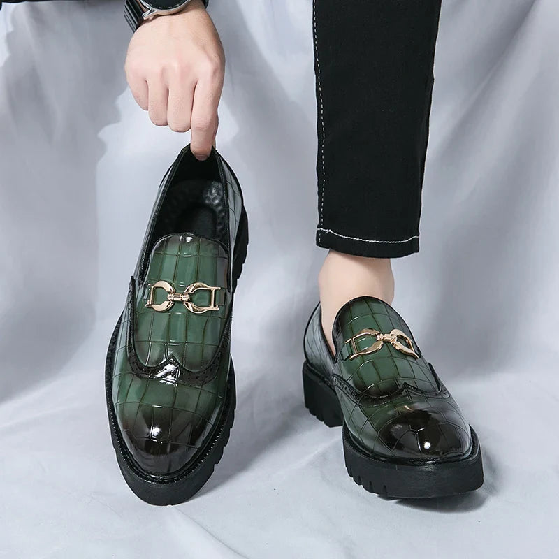 Trendy Brand Green Brogue Shoes Men's Leather Business Shoes Groom's Wedding Men's Loafers British Style Dress Shoes Men