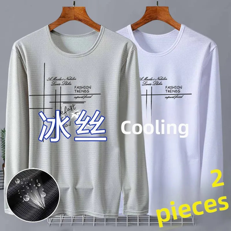 New 2025 Men's Ice Silk Breathable Sun Protection Hollow out Thin Long Sleeve Casual Sports T-Shirt Large Size Loose Fit