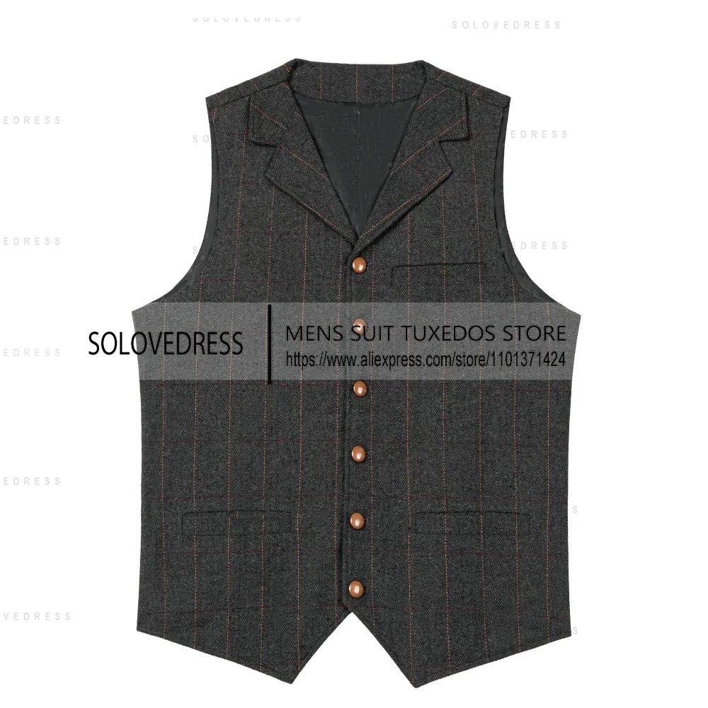 Men's Business Formal Dress Suit Vest Slim Fit  Herringbone Plaid V-neck Casual Waistcoat Wedding for Tuxedo