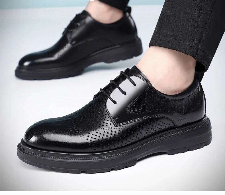2026 Summer New Men's Cow Leather Oxford Shoes Hollow Out Formal Business Dress Shoes Male Non-slip Fashion Platform Shoe Man