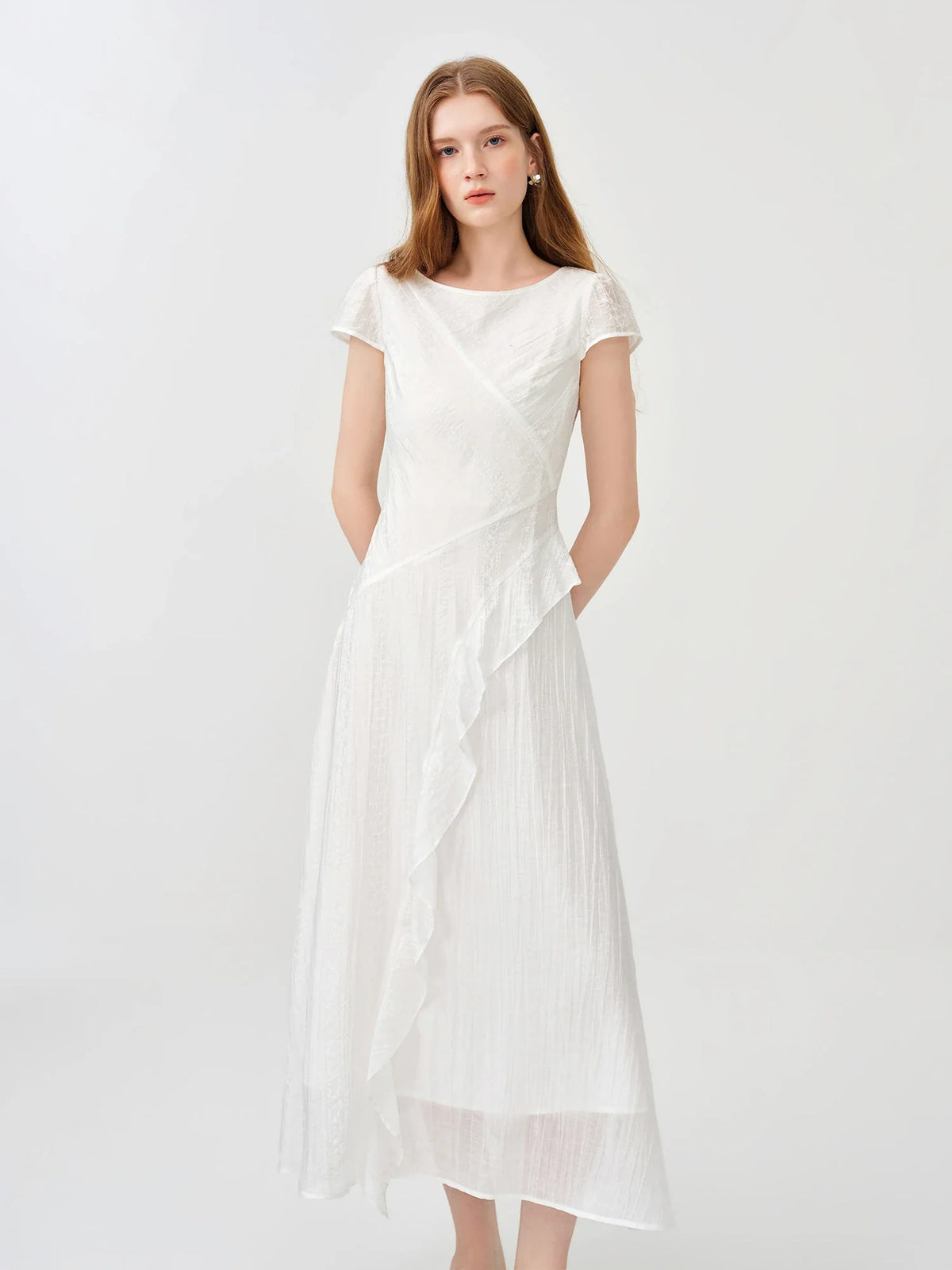 Women 2026 Summer New Arrival Soft Lyocell Dress Ruffled Waist-Cinched Bias Cut Slimming Elegant Commuter style Midi Dress
