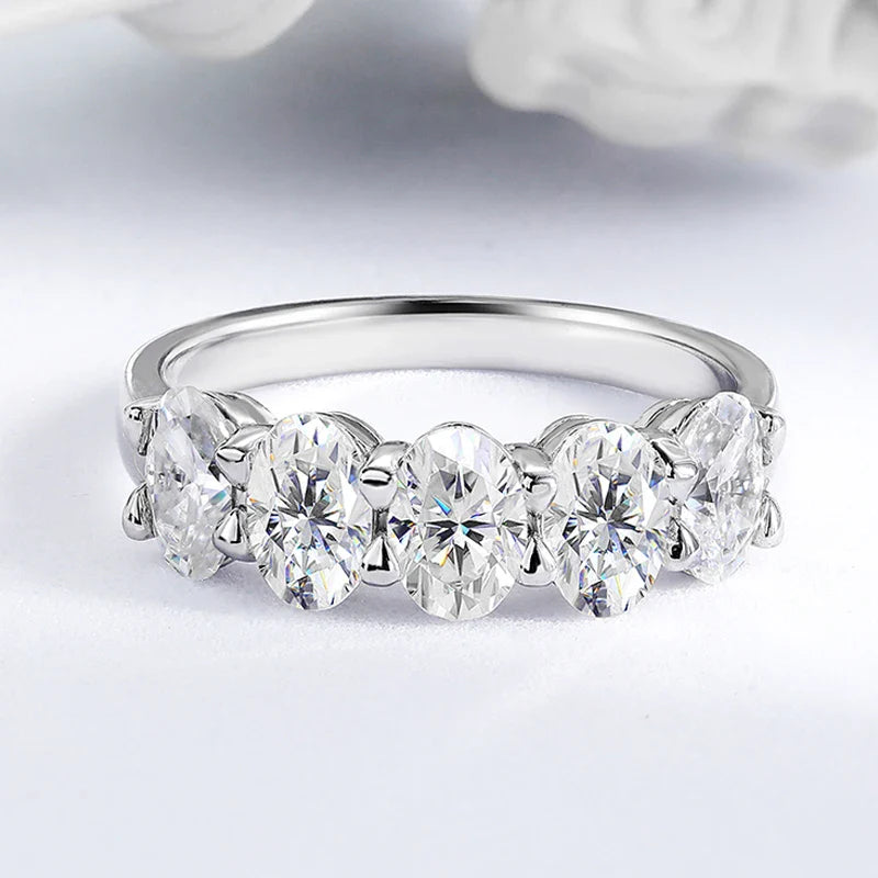 4*6mm Oval Cut Full Moissanite Ring for Women 5 Stone Lab Diamond Half Eternity Band Luxury Jewelry 925 Sterling Silver