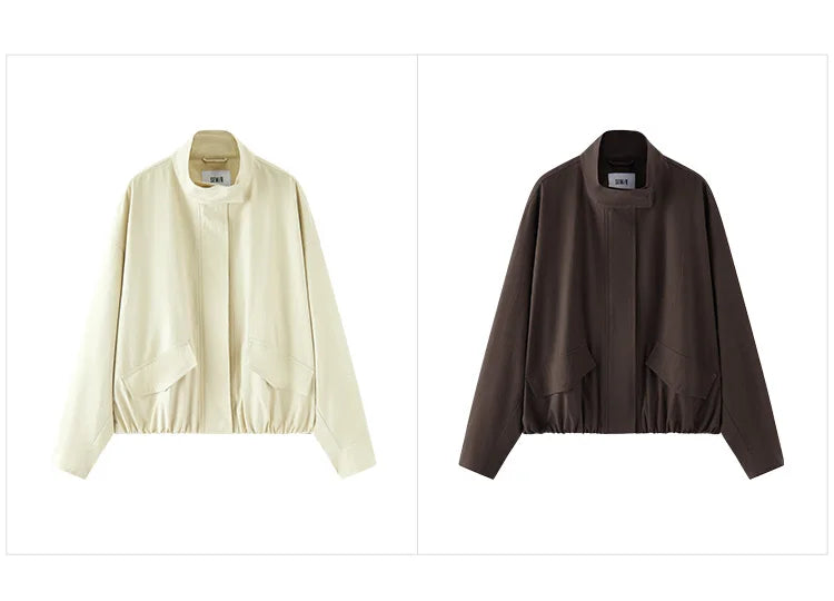 Women Jacket Solid Stand Collar Bubble Hem Oversize Dropped Shoulder Casual Style Autumn Outerwear Daily Wear 2026