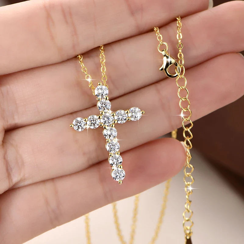 14K Gold Filled Cross Pendant Necklace Certified 3.5MM Full Moissanite Necklaces for Women Lab Diamond Vintage Jewelry