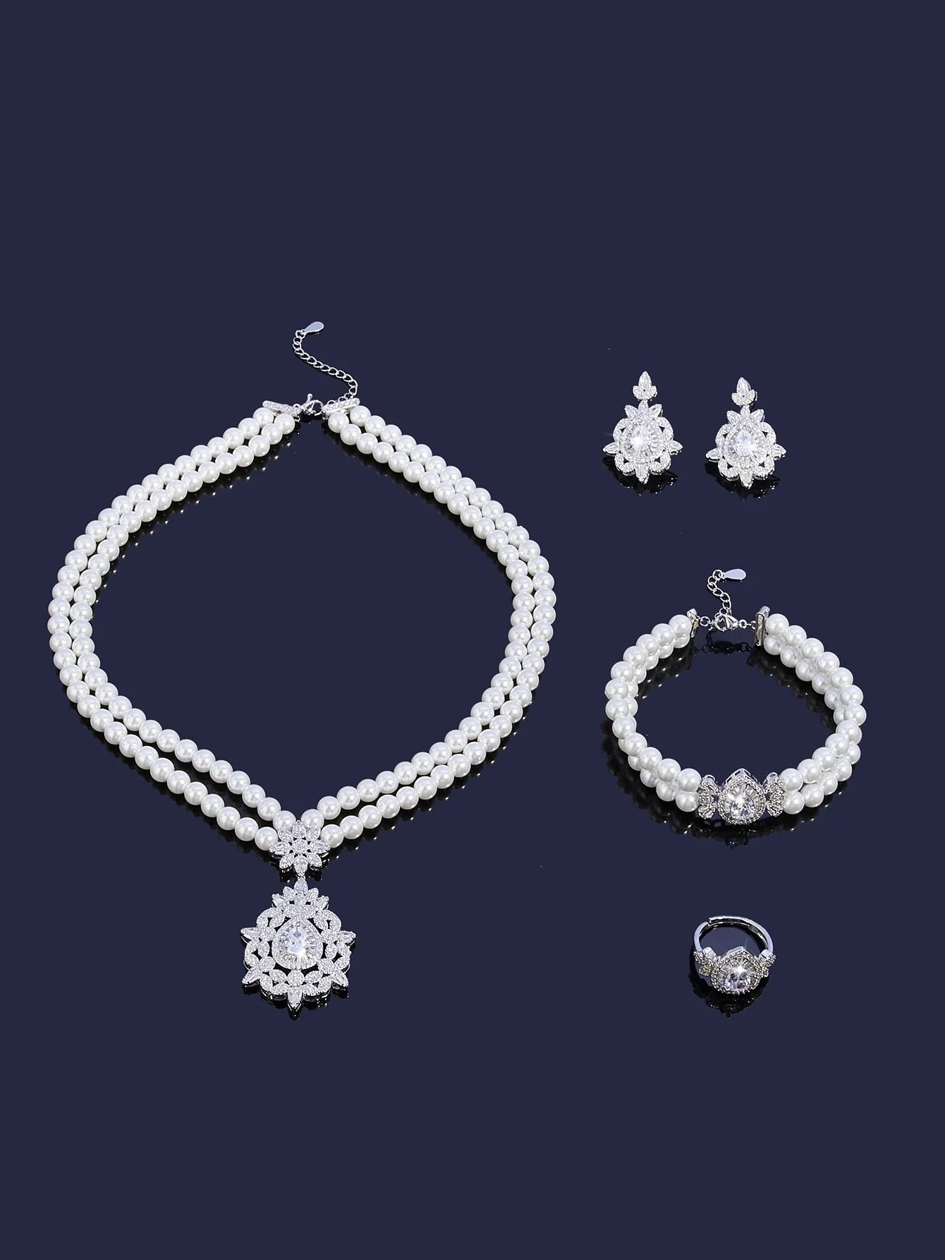 Trendy Pearl Tassel Necklace 4PCS Jewelry Set For Women Wedding Party Full Zircon Dubai Bridal Jewelry Set Gift