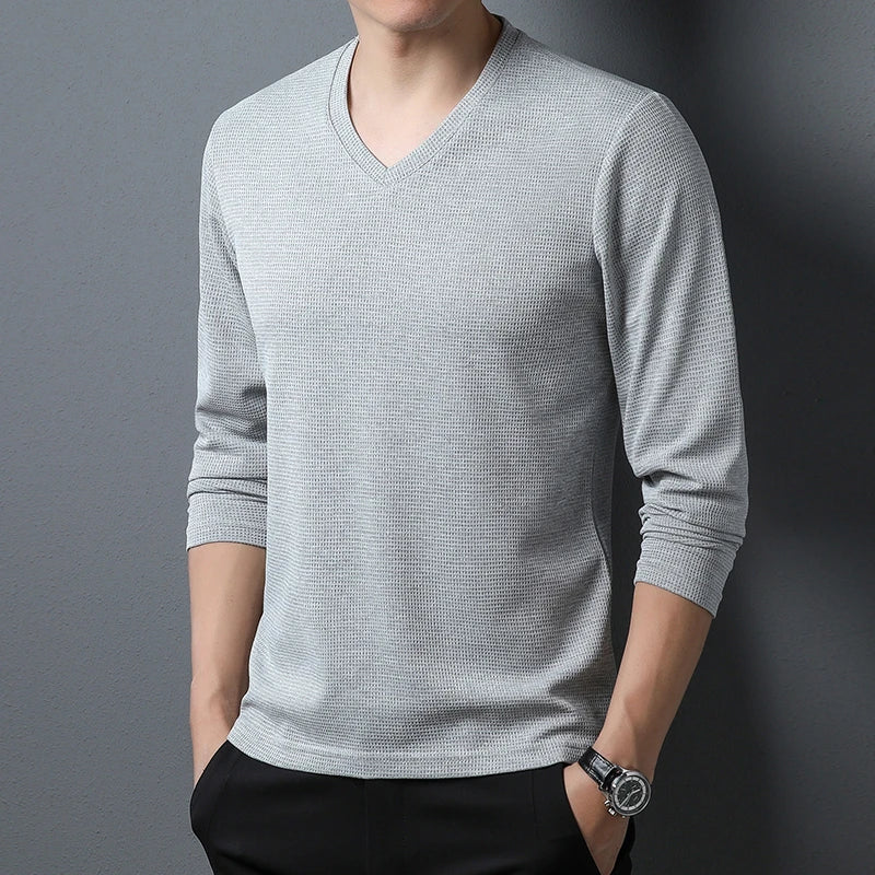 Minimalist Men's V-neck Long Sleeve T-shirt Soft Knitted Fabric Comfortable Top for All Seasons