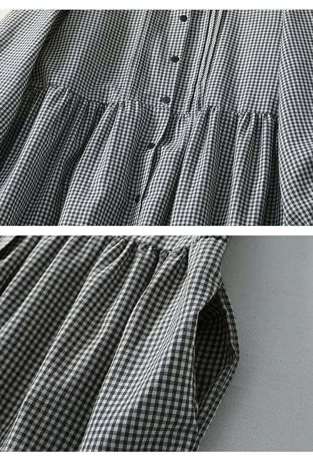 Sweet Japanese Sle Cotton Linen Plaid Long Sve Dr Women Spring Autumn Slimming Doll Dr Cardigan Stand Collar Long ...