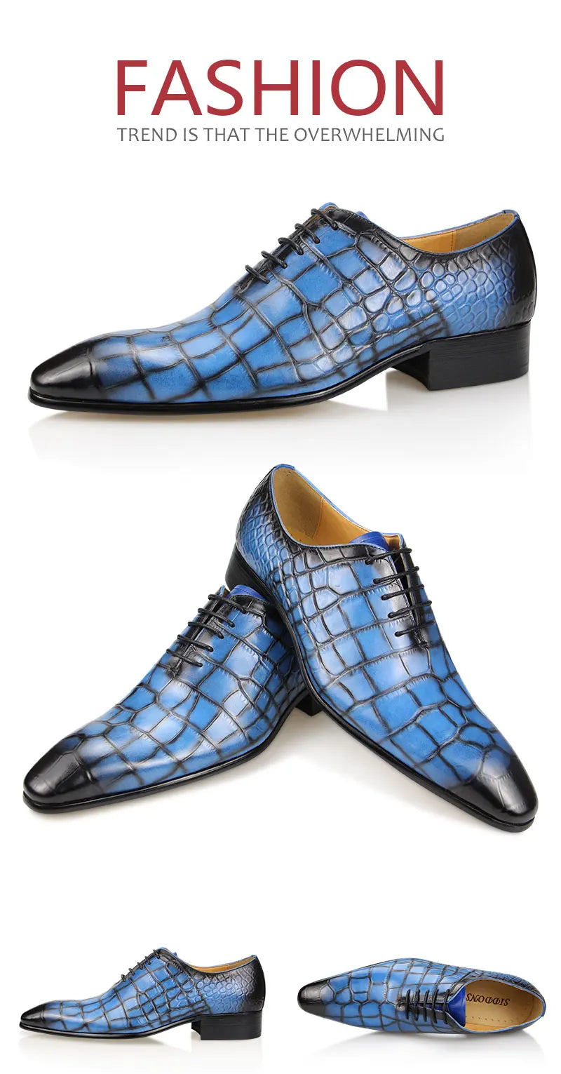 Fashion Crocodile Pattern Print Genuine Leather Shoes Summer Men Dress Wedding Shoes Casual Business Pointed Toe Leather Shoes