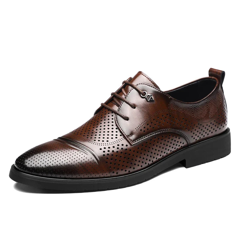 Men's Summer Breathable Leather Shoes Hollow out Fashionable Slip-On Comfortable Anti-Slip Soft Bottom Derby Shoes-SJ2501-1