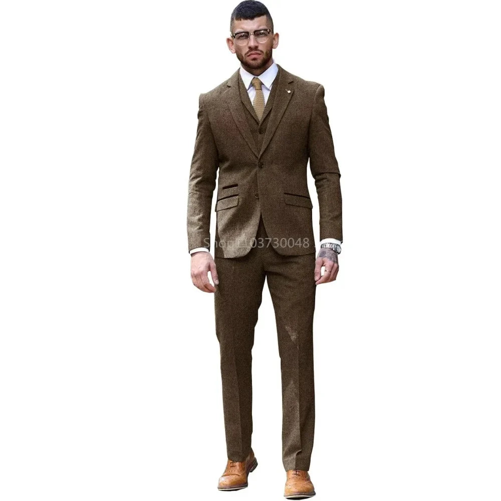 Men's Herringbone Slim Fit 3-Piece Tweed Smoking Suit Casual Formal Business Ternos Wedding Blazer Pants Vest Wool Blend