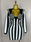 2025 Luxury Sexy Long Sleeve Stripe Black White Mini Bandage Dress Women Knitted Celebrity Elegant Evening Club Birthday Dresses