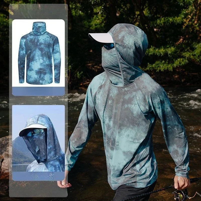 Ultra-thin Tshirts Summer Trendy Prints Lightweight UPF Sun Hoodie with Face Mask Shirt Long Sleeve Breathable UV Fishing Shirt