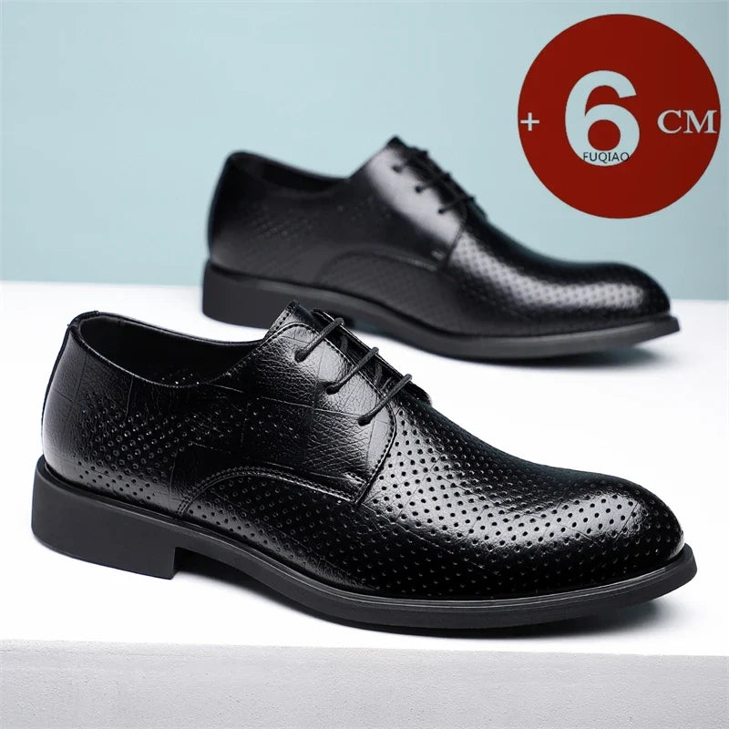 Men Spring Summer Hollow Out Breathable Elevator Shoes 6cm Hidden Height Increasing Business Formal Dress Office Wedding Shoes