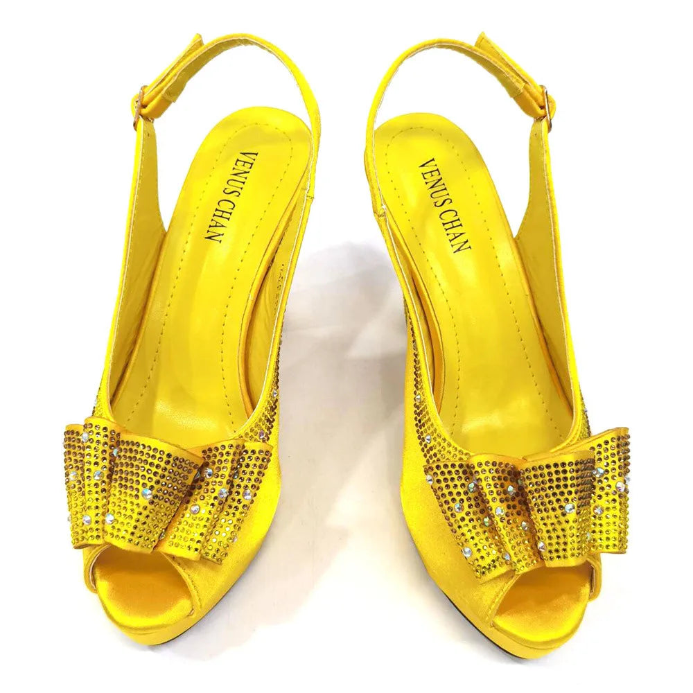 High Quality Yellow Color Fish Beaked Toe Cap Thin Heels Ladies Shoes Matching Bag
