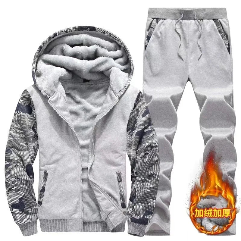 Winter Thick Men Sports Suit Men Tracksuit Hooded Sportswear Zipper Cardigan Hooded Woolen Trousers Pants Casual Men Fleece Set