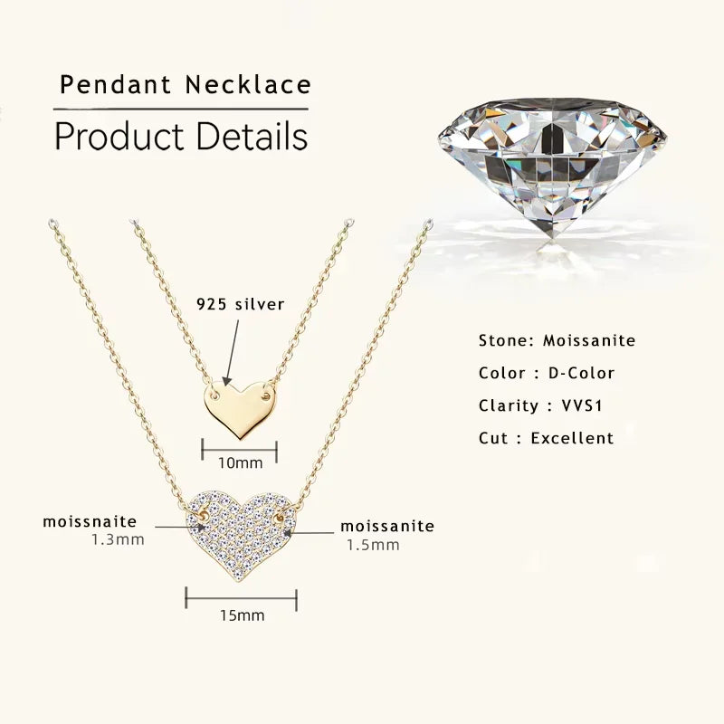 Collar Plata 925 Sterling Silver Heart Pendant Necklace 1.5mm&1.3mm Moissanite Necklaces For Women Double Chain Jewellry