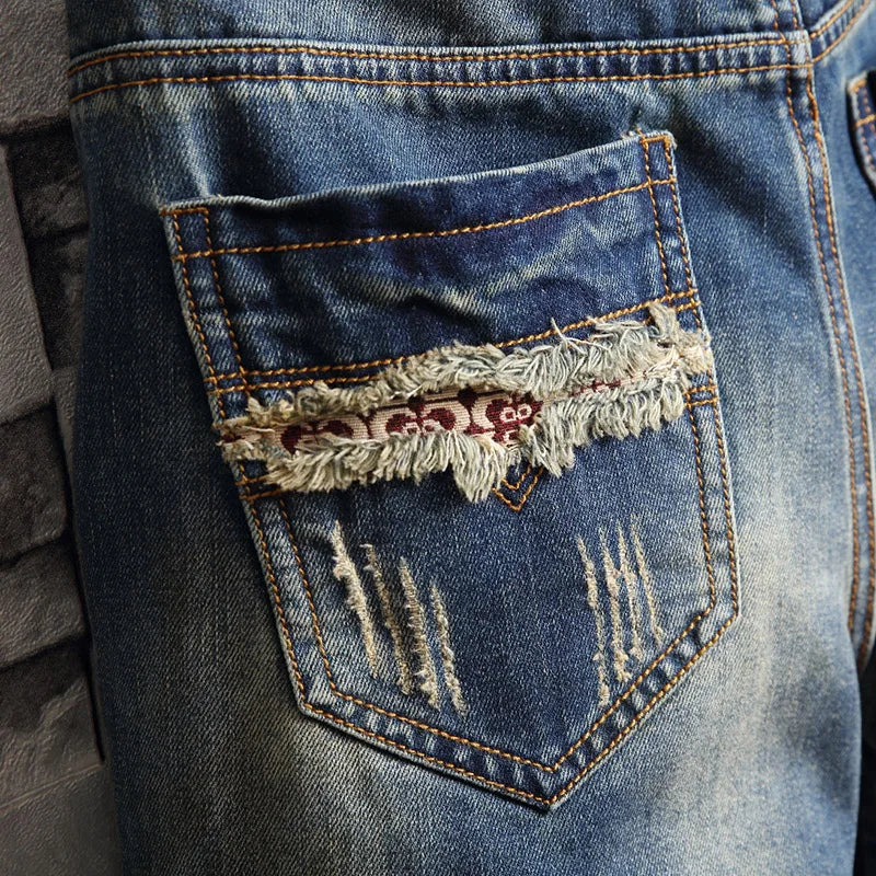 Streetwear Men's Ripped Denim Shorts Straight Slim Fashion Hip Hop Short Pants Big Hole Vintage Knee Length Jeans