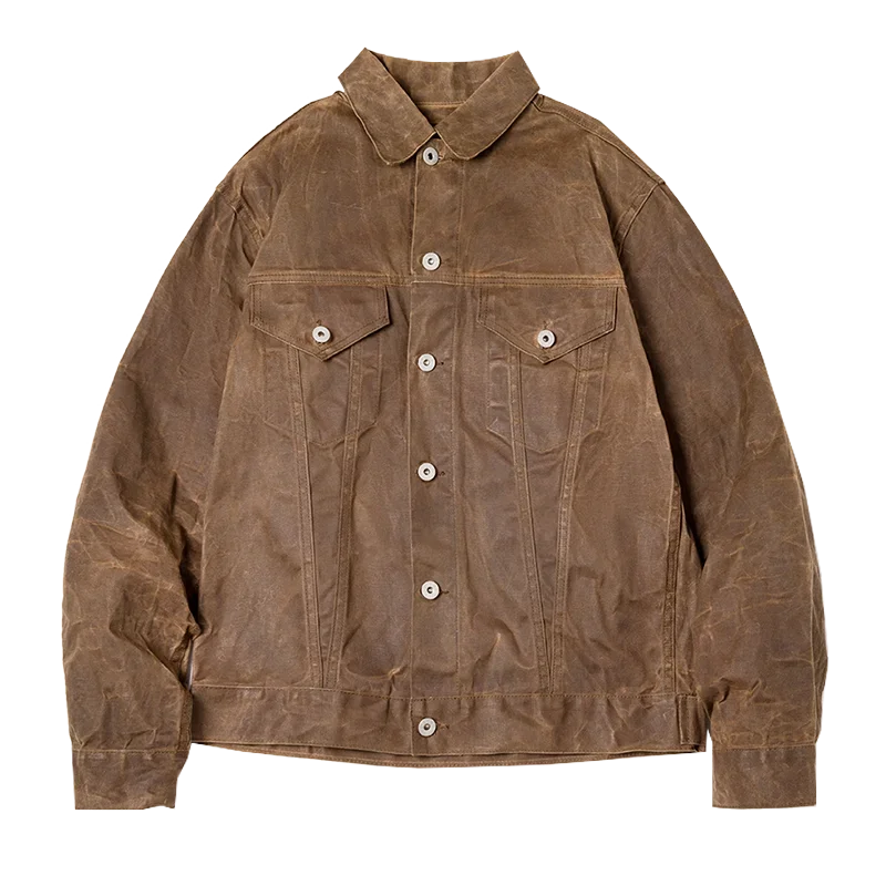 Amekaji Retro Male Oil Waxed Jacket Canvas Cotton Khaki Military Uniform Light Casual Work Safari Style Coats Man Clothing