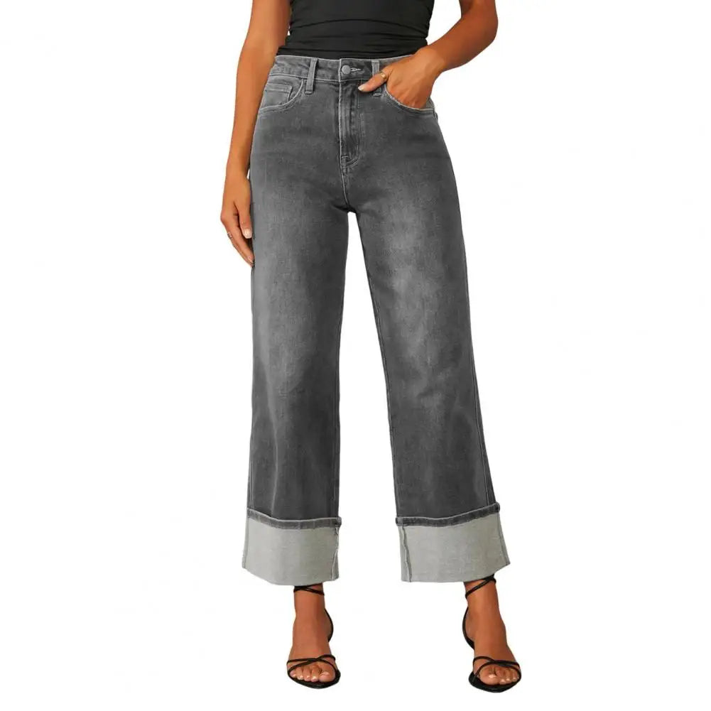 Women Baggy Jeans High Waisted Button up Denim Pants Elastic Cuffed Hem Straight Wide Leg Jeans with Pockets Streetwear
