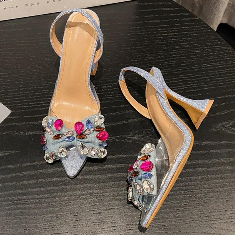Fashion Denim Bowknot Crystal Pumps Sexy Pointed Toe High Heel Women Sandals Prom Party Spring Shoes Zapatillas De Mujer