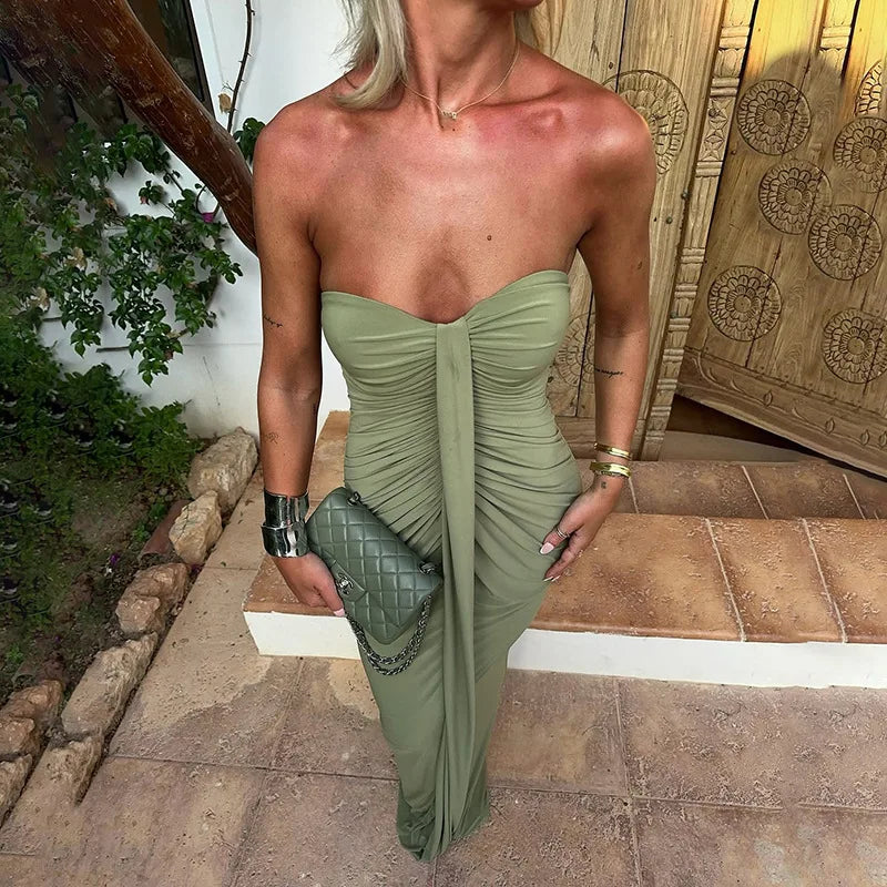 2026 Elegant Strapless Dress Women Classic Patchwork Ribbon Ruched Sexy Birthday Party Skinny Stretch Chic Clubwear Vestidos
