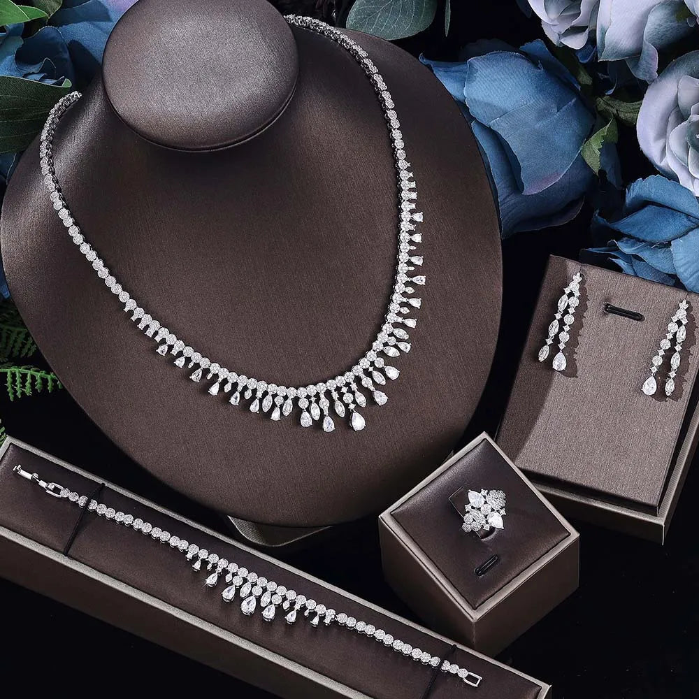 2022 Latest Luxury Brilliant Cubic Zircon Ear Drop Necklace Heavy Dinner Jewelry Set Wedding Bridal Dress Accessories