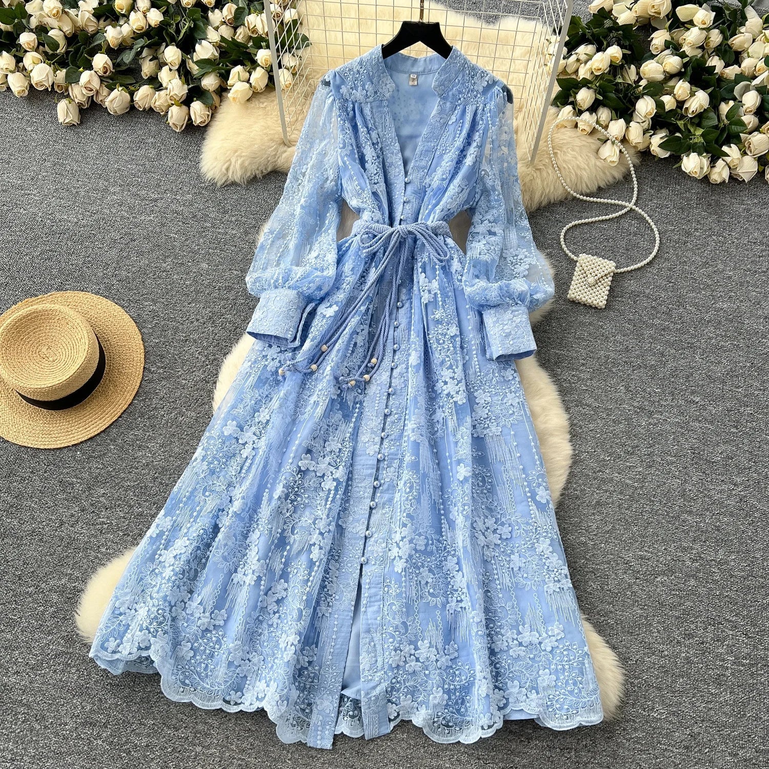 High-End Women's Dress Heavy Embroidery A-Line Long Skirt V-Neck Lantern Sleeve Single Button High Waist Korean Style Commute