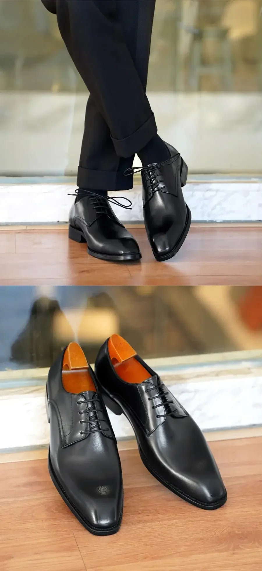 Italian Flat Mens Dress Shoes Luxury Genuine Leather Brand Handmade Quality Square Toe Laces Up New Business Party Social Shoes