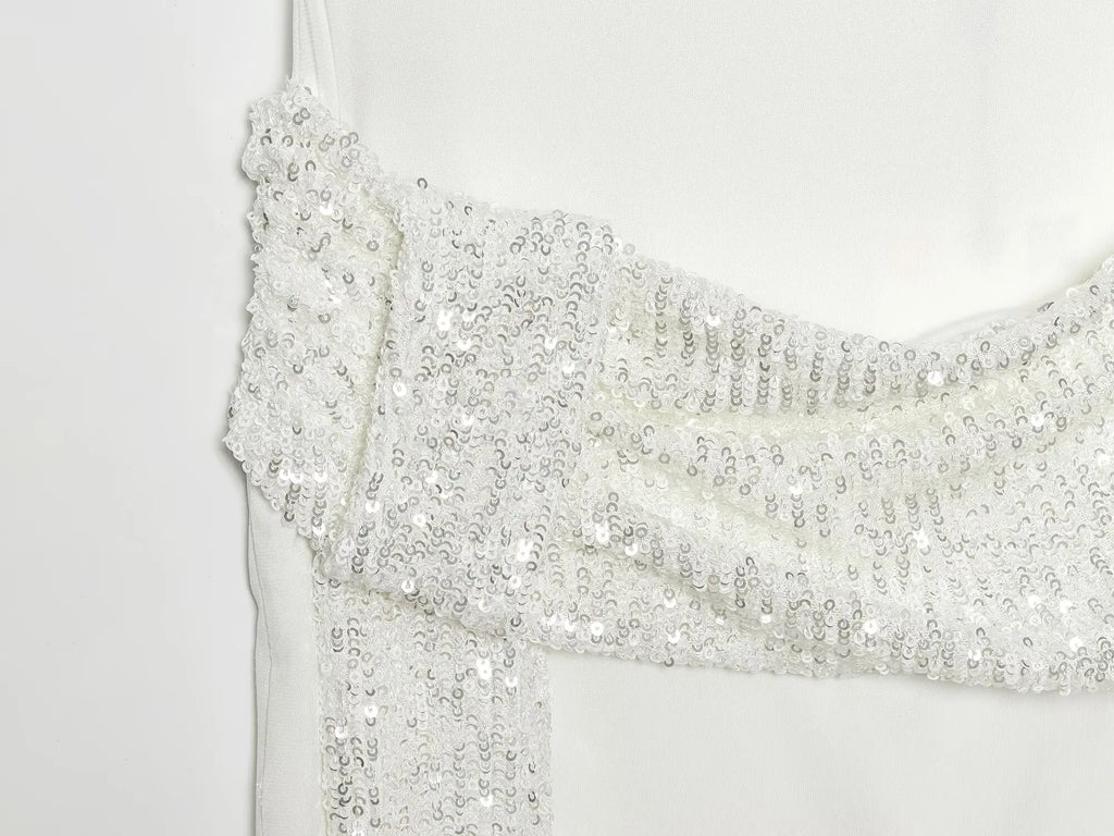 2026 Women Elegant White Short-Sleeved Backless Sequined Splicing Decoration Sexy Short Dress Woman Fashion Party Mini Dress
