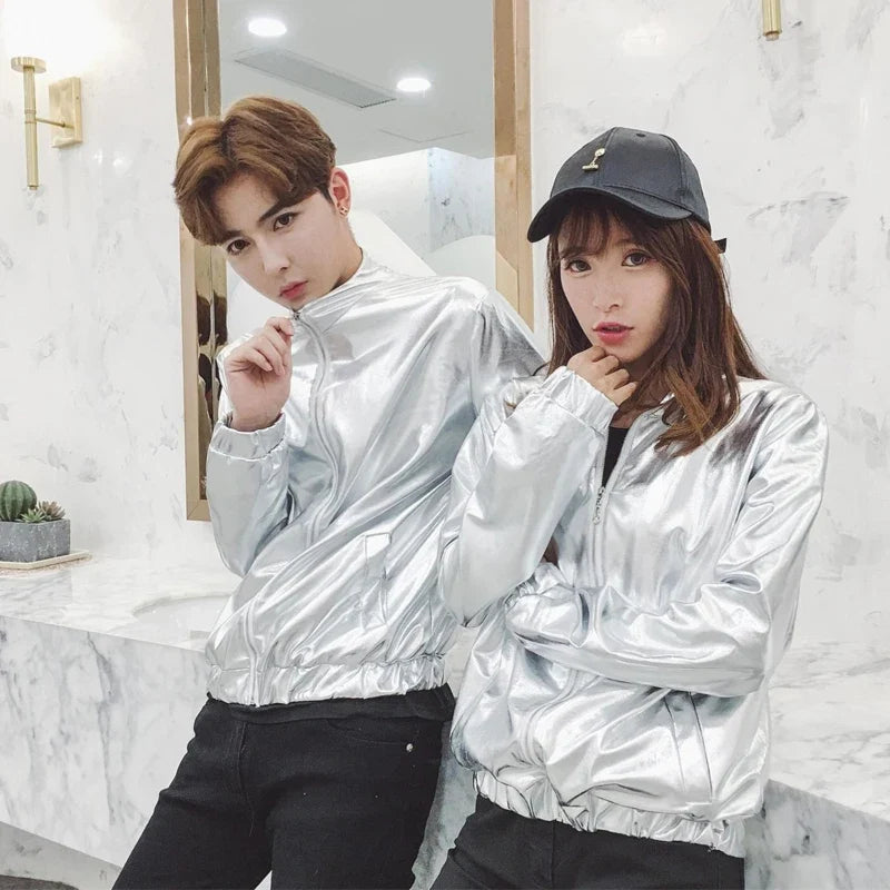 Mens Windbreaker Jackets Nightclub Stage Party Jackets Costume Streetwear Harajuku Hip Hop Reflective Jacket Gold Fashion Coats