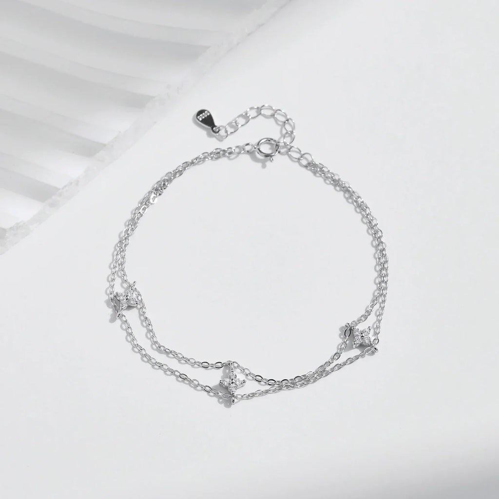 925 Sterling Silver Double-layer Four Leaf Clover Bracelet Trendy Chain Link Bracelets For Women Luxury Jewelry Gift