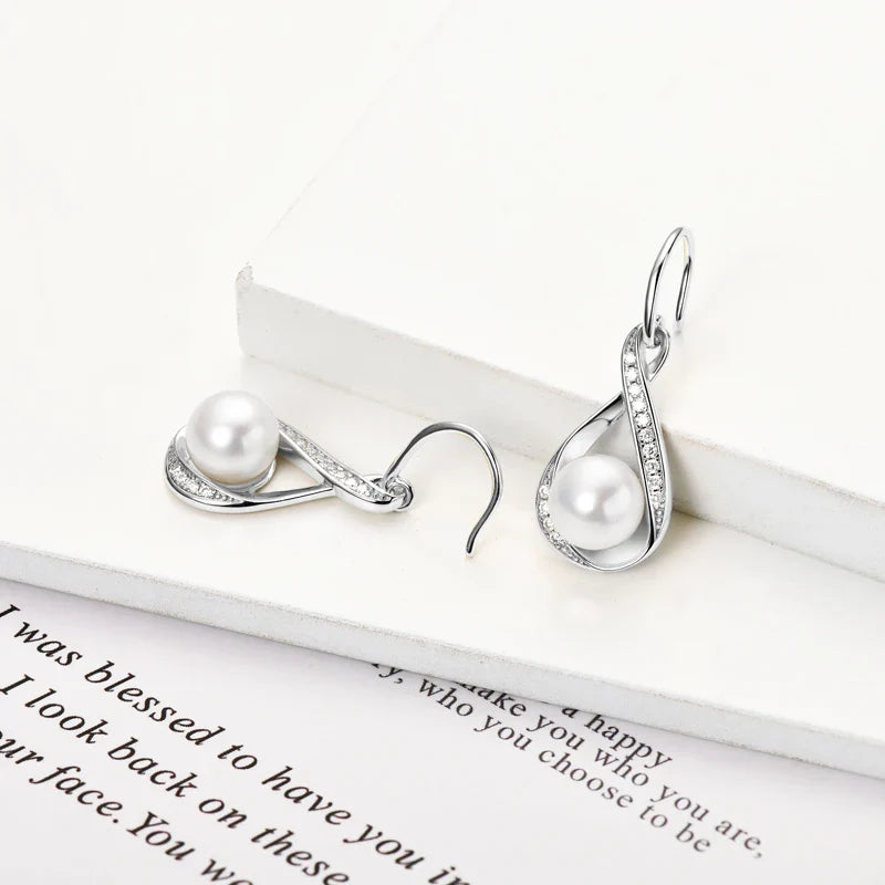 Moissanite Natural Freshwater Pearl Infinity Pendant Necklace & Earrings Sets for Women 925 Sterling Silver Wedding Jewelry Set