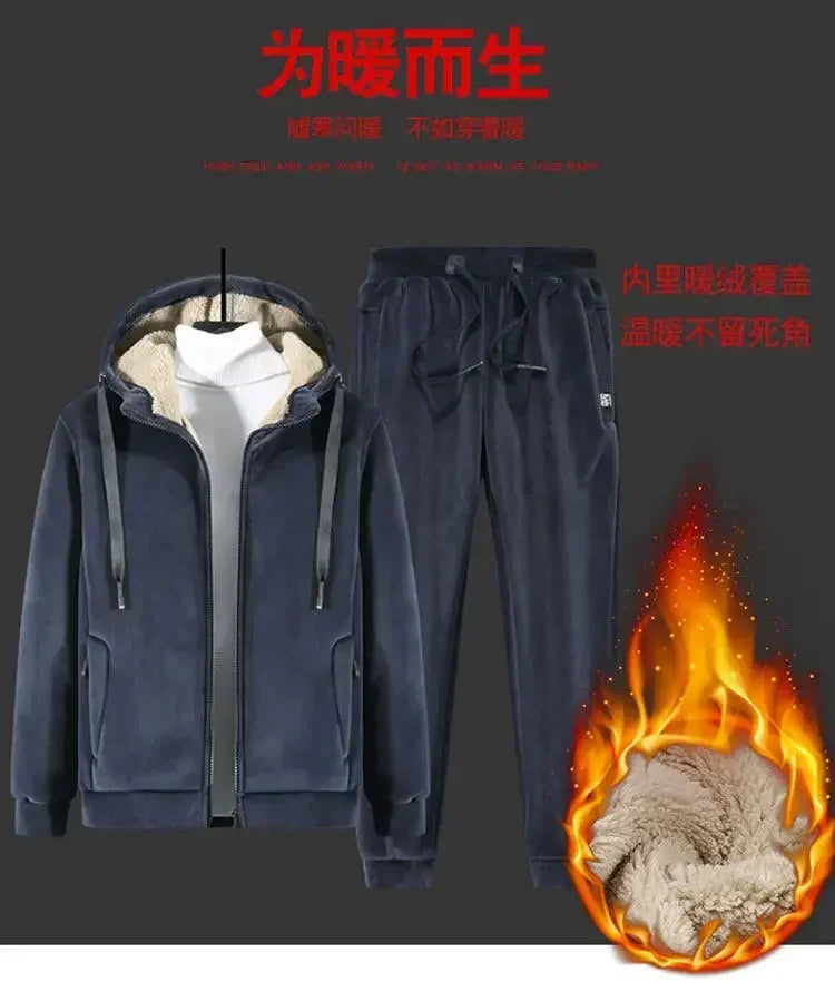 Men Sports Suits Tracksuit Sets Hoodies Casual Hooded Warm Sweatshirts+Pants Thicker Fleece New Jacket+Pants 2 Pieces Velvet Set