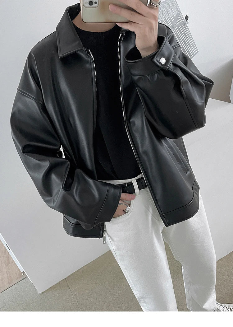 Spring Autumn Cool Luxury Short Black Soft Light Pu Leather Jacket Men Zipper Casual Mens Jackets and Coats Fashion
