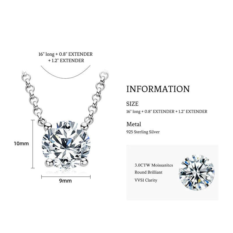 1CT 2CT 3CT Certified Moissanite Pendant Necklace For Women S925 Sterling Silver Solitaire Drop Necklaces Jewelry Gift