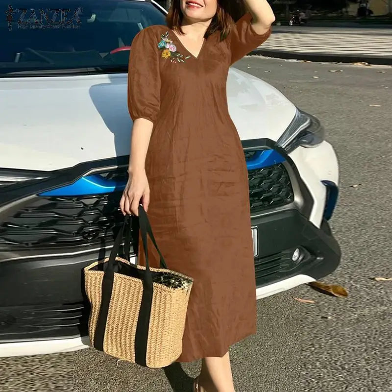 Women V Neck A-line Vestidos Solid Holiday Casual 2024 Summer Dresses Commute Half Sleeve Floral Embroidery Midi Dress