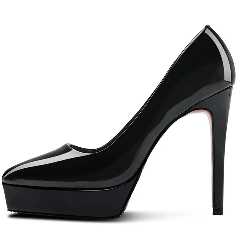 Women Pumps Brand 10CM 12CM Thin High Heels Black PU Slip On Pointed Toe Dress Office Career Party Wedding Waterproof Lady shoes