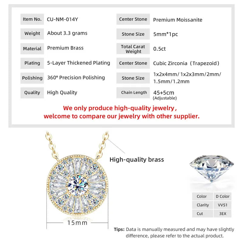 GRA Certified D VVS1 5mm Moissanite Round Charm Pendant Necklace Chain for Women 14K Gold Filled Fine Neck Jewelry Gift