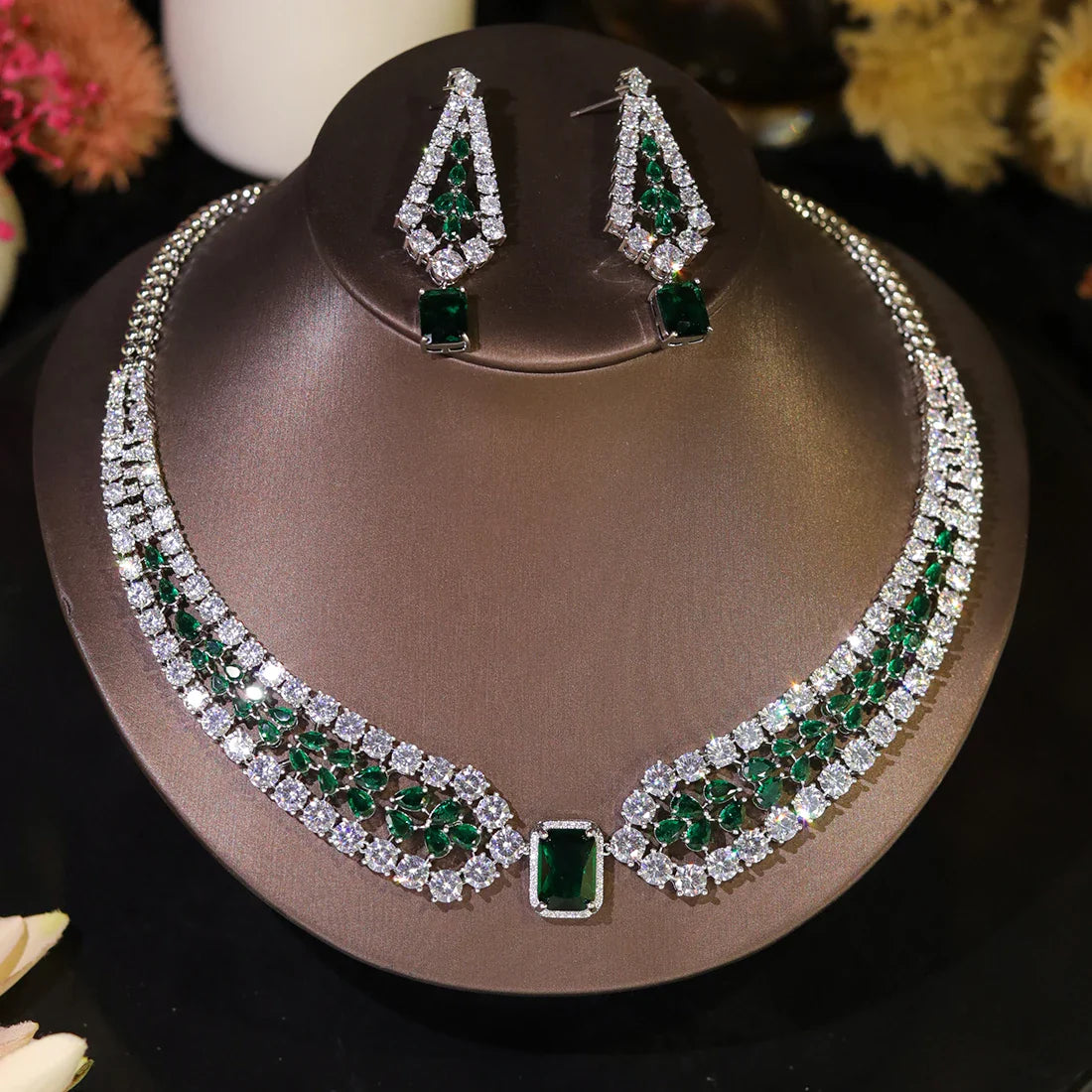 Fashion Wedding Jewelry Sets Shiny Red and white inlaid CZ Crystal Necklace and Earrings 2PCS Bridal Dress Party Accessories