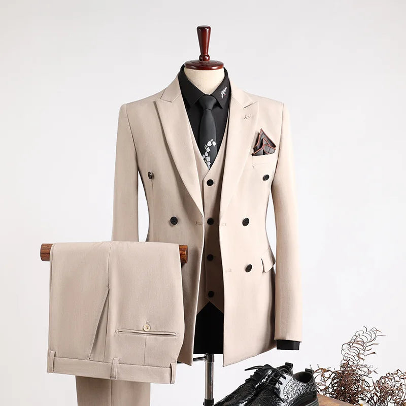 Man Suit Outfit Double-breasted Blazer Men V-neck Vest Straight-leg Pant Male Slim Business Wedding Three-piece Set
