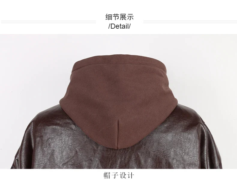 Autumn Winter Cool Handsome Oversized Brown Thickened Warm Leather Jacket Men with Hood Fake 2 Piece European Clothes