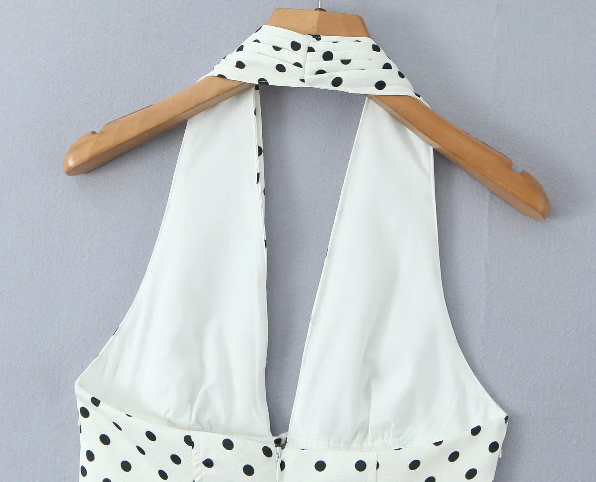 French Style Retro Polka Dot Deep V Halter Dress Women Sexy Backless A-line Slim Sweet Elegant Mini Dresses Summer Robe