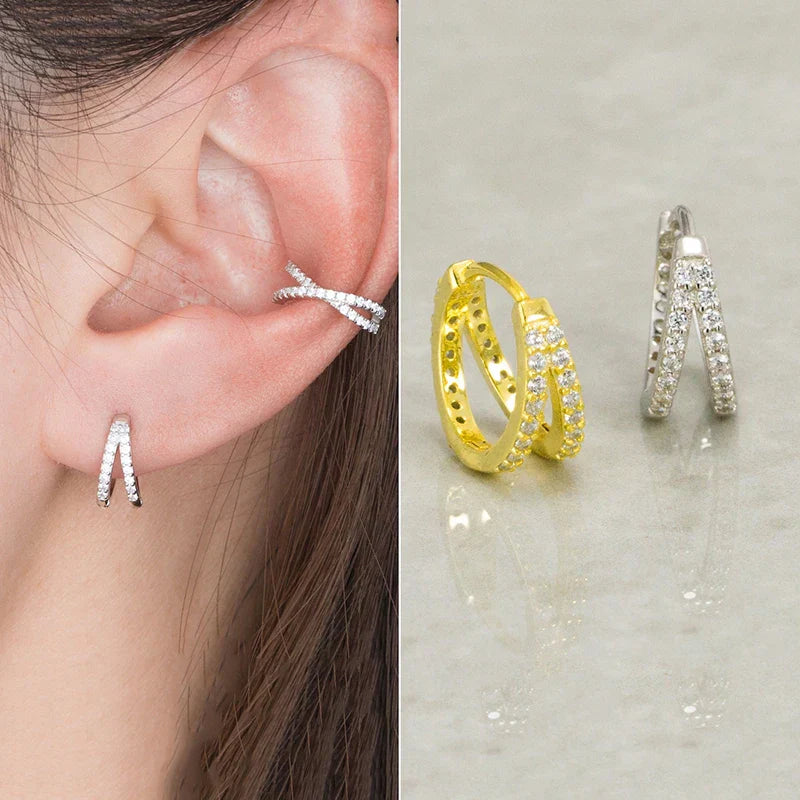 925 Sterling Silver Fashion Luxury Shiny Double Layer Zircon Huggies Hoop Earrings for Women Plated 18k Gold Fine Jewelry