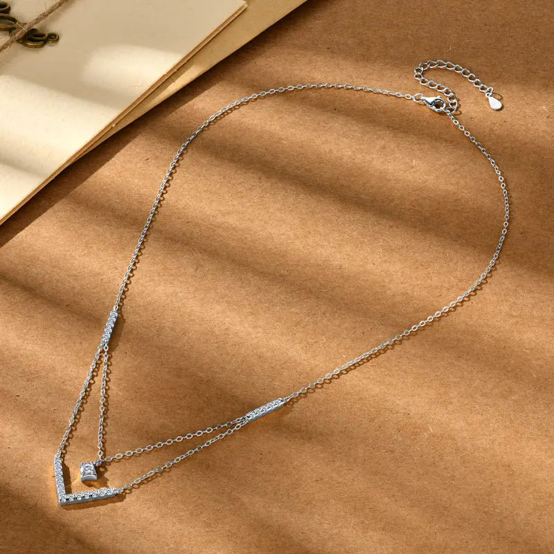 Sparkling 3mm&1.8mm Round Moissanite Necklace 925 Sterling Silver Fashion V-Shape Necklaces for Women Fine Jewelry Gift