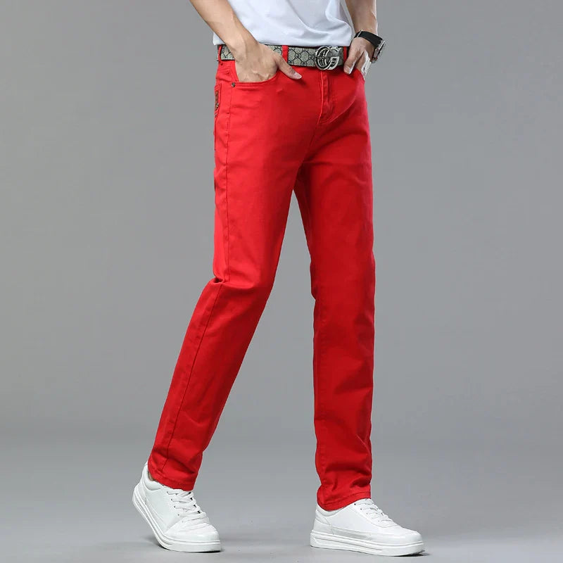 2025 Autumn Men's Elastic Colorful Jeans Breathable Casual  Straight Fitted Solid Color Denim Pants Korean Fashion Trousers